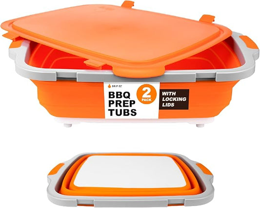 Drip EZ Collapsible BBQ Prep Tubs 2-Piece Set - For Meal Prep Marinating Food Storage - Includes Cutting Board & Lid - (1) OG + (1) XL - Orange