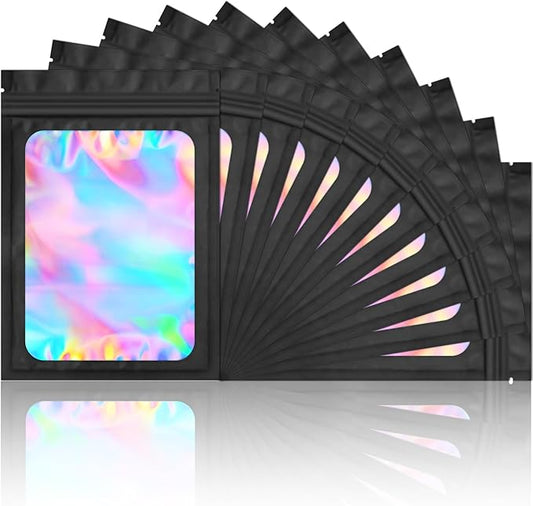 100 Pieces Smell Proof Mylar Bags- Resealable Holographic Packaging Pouch Bag with Clear Window for Food Storage Eyelash Jewelry Electronics Storage (Black, 5.5 x 7.8 Inch)