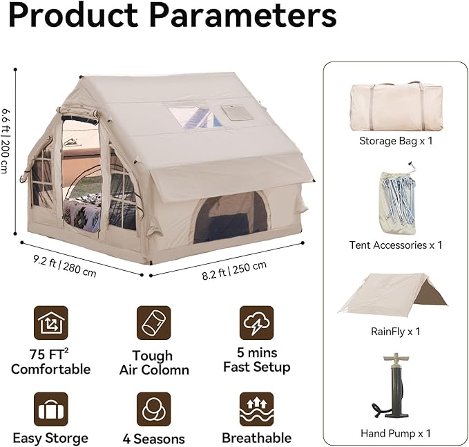 Inflatable Camping Tent with Pump,4-6 Person Waterproof Blow Up Air Tent for Camping Hiking,Easy to Set Up 4-Season Inflatable House Tent with Oversized Canopy.