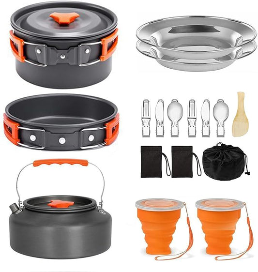 Camping Cookware Camping Cooking Set, Non-Stick Pots and Pans with Kettle, 2 Stainless Steel Plates, 2 Water Cups, 2 Sets of Knives and Forks, Spatula, Dish Towel, Backpack Storage Bag
