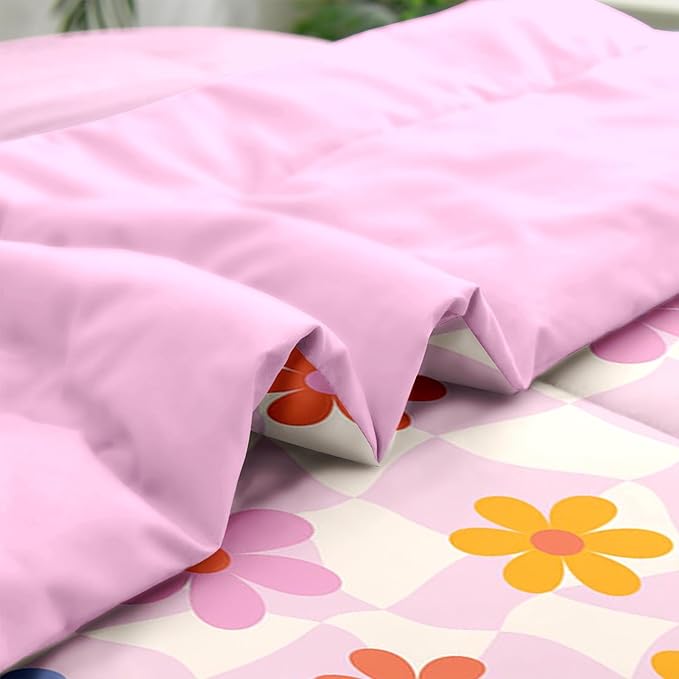 Comforter Set Twin Size, Retro Daisy Pink 5 Pcs Bedding for Kids and Adults, Hippie Aesthetic Kids Bed Sheet Sets with Fitted Sheet Pillowcase & Sham for Bedroom Bed Decor