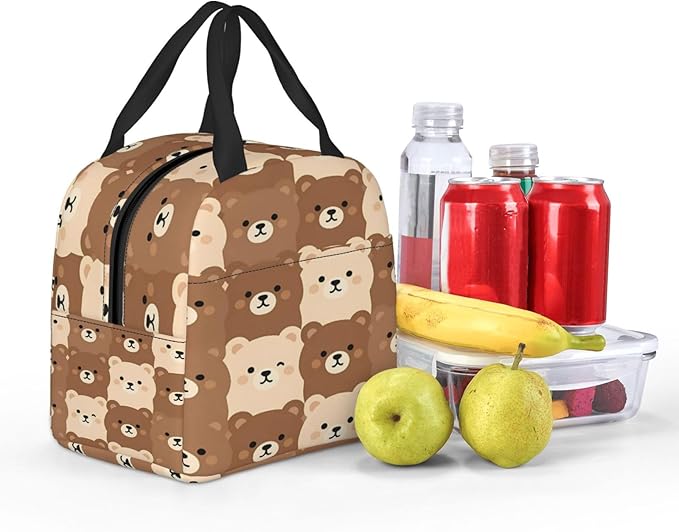 cute brown and beige bear faces Insulated Lunch Bag Oxford Cloth & Thick Foil Cooler Warmer Tote Waterproof Wear-Resistant with Front Pocket for Work Picnic Outdoor Travel
