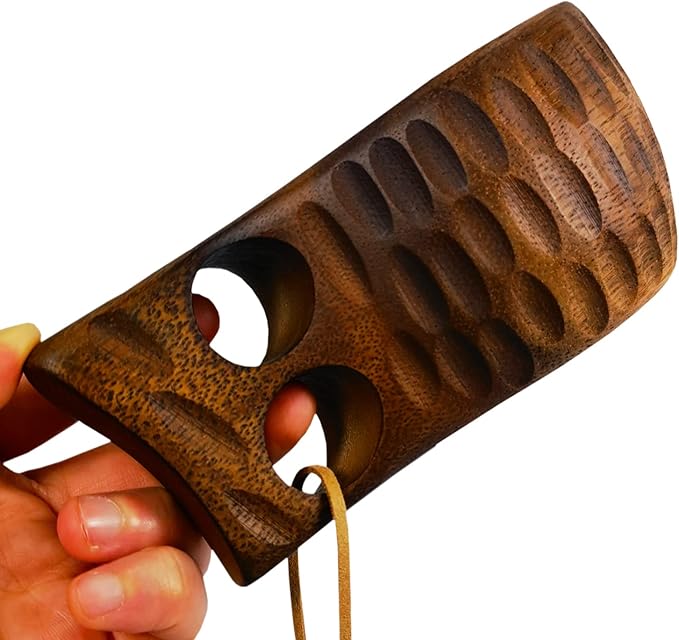 Sanrich Wooden Mug Kuksa Handcrafted Wood Camp Mug Survival Wood Cup Camping Cups & Mugs with Carabiner Leather Lanyard For Drinking Tea Coffee (8 ounces-Tortoiseshell-2 handle holes)