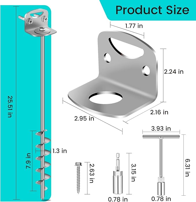 25" Ground Anchors Screw in, Mobile Home Anchors with Upgraded Wider Spiral Blades, Earth Shed Anchor High Wind Heavy Duty for Graden, Storage Shed, Trampoline, Carports, Swing Set(Silver-8x25in)