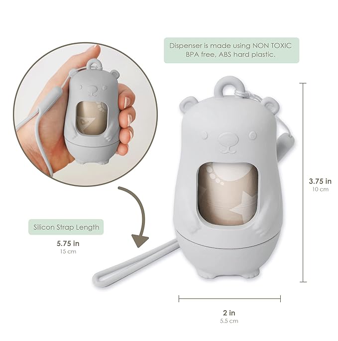 Teddy Bear Diaper Bag Dispenser | Trash Bags on the Go w/Silicone Strap | 15 Unscented Baby Poop Bags per Roll | Disposable Diaper Waste Bags (Cloudy Grey)