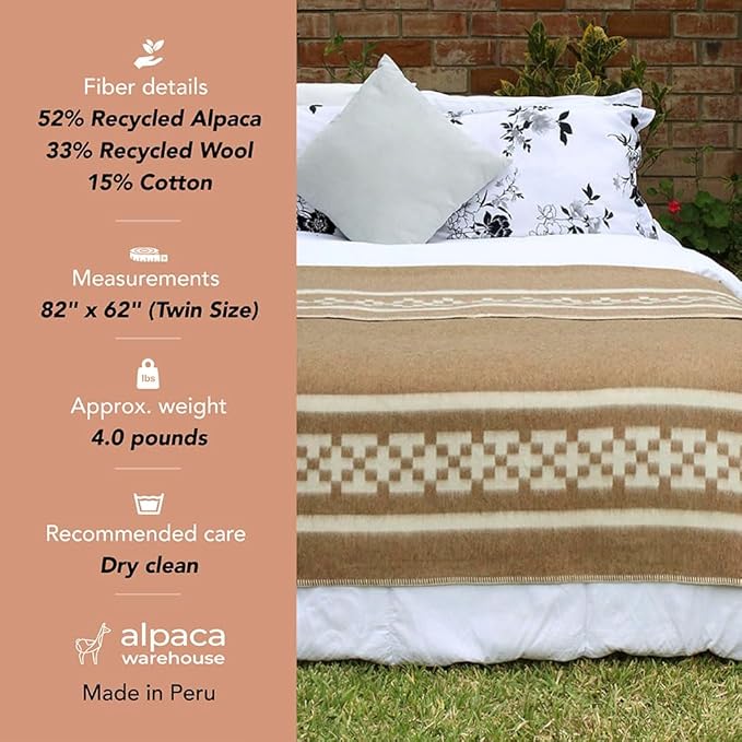 Thick Alpaca Wool Blanket Heavyweight Camping Outdoors Indoors Soft Peru Twin Size New Ethnic Design (Dark Brown/Soft Camel 2, Twin Size)