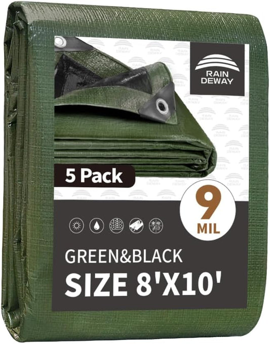 RAINDEWAY Tarps 8x10 Feet（5 Pack）,Tarp Waterproof,9Mil Thick Finished Size, Multipurpose Poly Tarp Cover with Metal Grommets and Reinforced Edges,Green/Black Tarpaulin