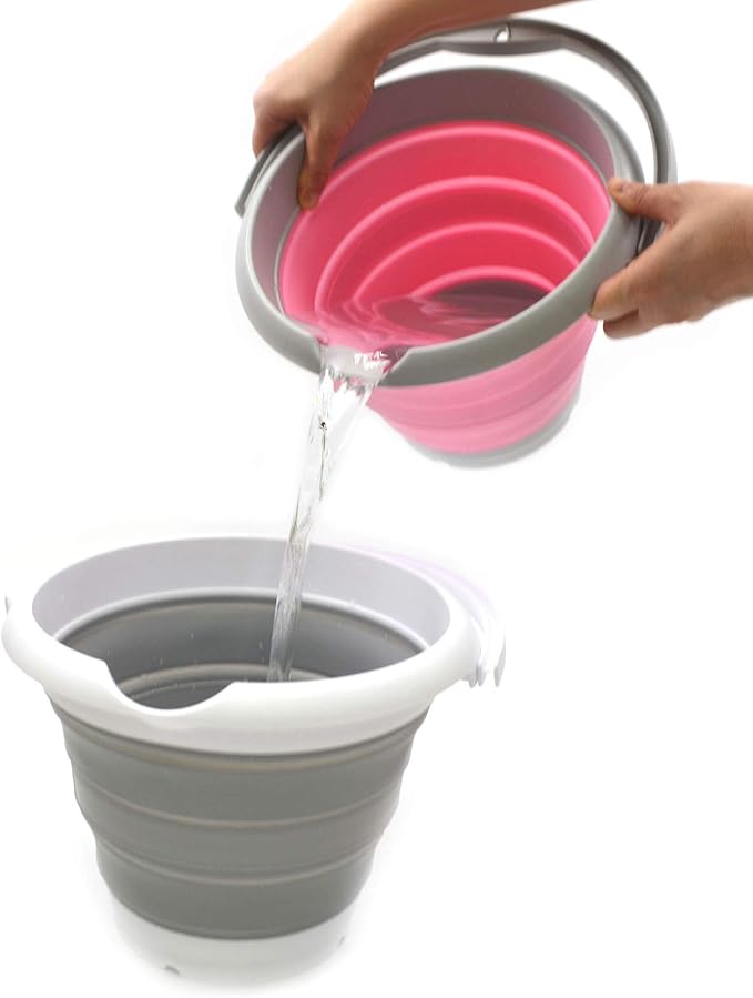 SAMMART 5L / 1.32 Gallon Collapsible Plastic Bucket - Foldable Round Tub - Portable Fishing Water Pail - Space Saving Outdoor Waterpot (5L Round, Grey/Pink)