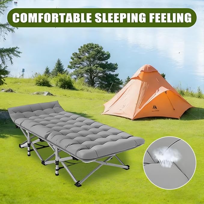 Comfortable and Soft Folding Bed, Portable Camping cot with Side Pockets and Mattress, Extra-Thick Oversized Folding Bed, Weight Capacity of 500/600/700 lbs (Grey 600lbs)