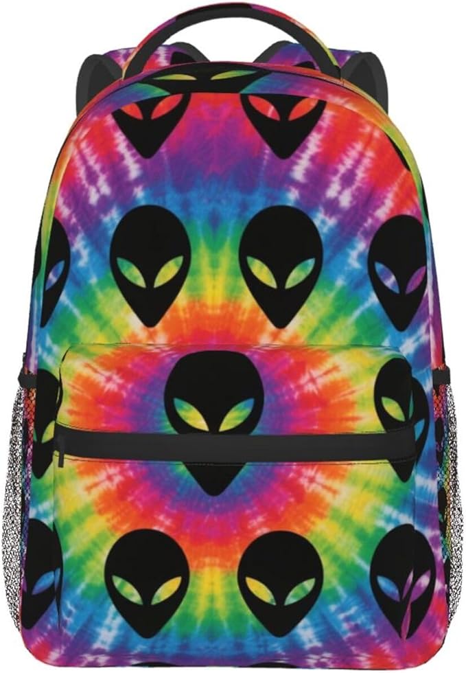 Men Women Polyester Tie Dye Alien Daypack Backpack Large Capacity Carry On Bag With Smooth Zippers for Hiking Picnic Walking Cycling
