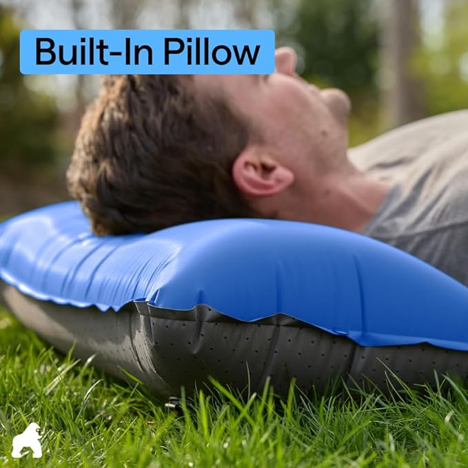 GORILLA GRIP Slip-Resistant Inflatable Sleeping Pad, Puncture Resistant Lightweight Camping Mattress, Foot Pump, Air Mats for Travel Backpacking, Inflating Bed Camp Sleep Pads for Tent, Blue