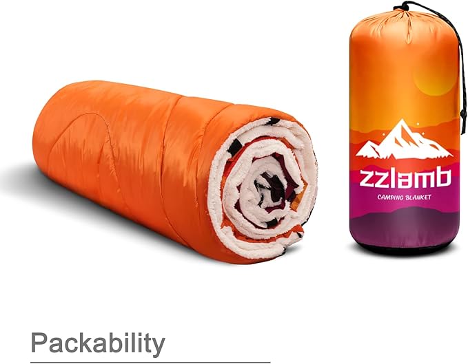 zzlamb Sherpa Puffy Camping Blanket,Packable Outdoor Warm Wearable Fleece Blankets for Cold Weather,Thick Camp Quilt with Sherpa Lining for Sleeping,Traveling,Backpacking,Picnics,Beach,Stadium 52x75in