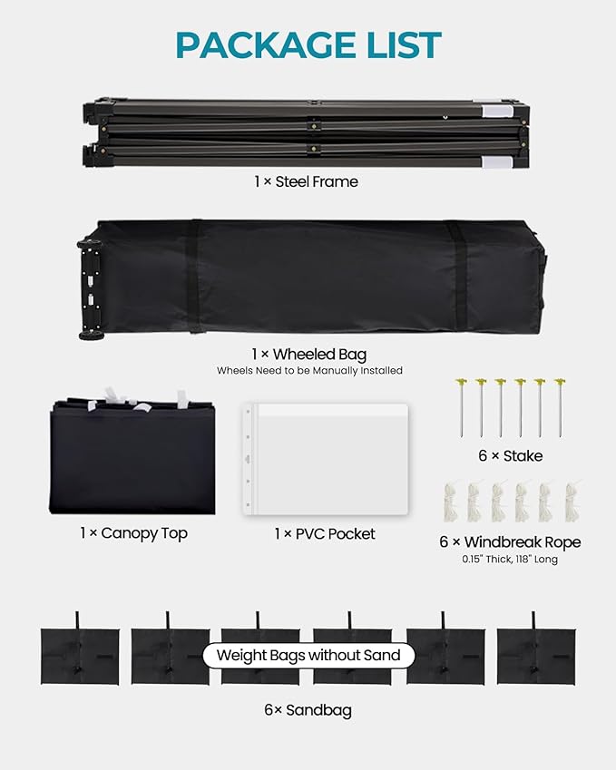 10x20 Pop Up Canopy Tent with Roller Bag, Easy Set Up, Waterproof Commercial Shelter, 6 Stakes & 6Sandbags & 6 Ropes, Silver Coated Top, Black