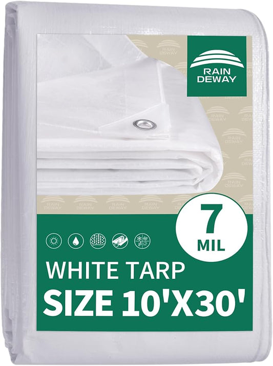 RAINDEWAY Tarps 10x30 Feet Tarp Waterproof,7Mil Thick,Finished Size,UV Resistant,Multipurpose Poly Tarp Cover with Metal Grommets and Reinforced Edges,White Tarps