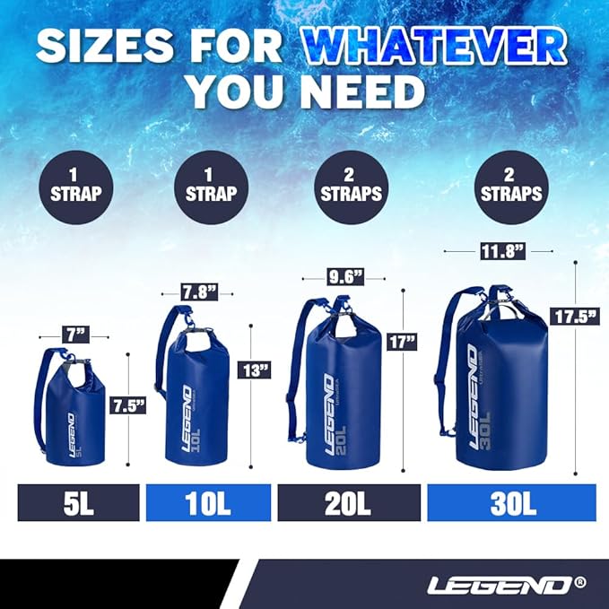 Legend UltraSEA Waterproof Dry Bag 5L/10L/20L/30L - Drybag Waterproof Bag for Kayaking, Swimming & Travel, Roll Top Floating Dry Bag, Lightweight Dry Sack for Boating, Rafting and Beach - 5L Blue