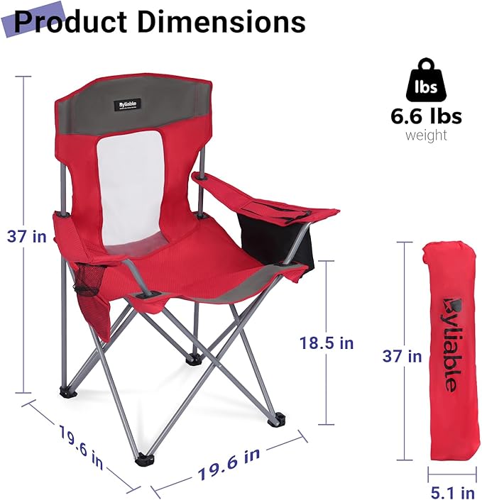 Camping Chairs Lawn Portable Foldable Camp Folding Lightweight Chair for Adults with Drink Holder and Cooler Pouch Outdoor for Camping, Lawn, Sports, Picnic, Beach, Music Festival, Red