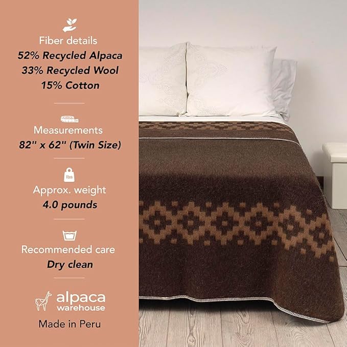 Thick Alpaca Wool Blanket Heavyweight Camping Outdoors Indoors Soft Peru Twin Size Ethnic Design (Soft Wine - Brown Design, Twin Size)