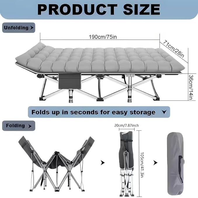 600LBS, Extra-Large Folding Outdoor Camping Bed with Mattress, Portable Folding Guest Bed, Heavy-Duty Sleeping bedwith Storage Bag, Suitable for Travel and Leisure (Black 600lbs)