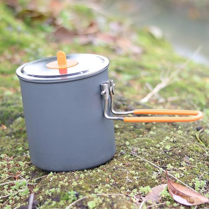 Camping Cooking Pot 1000ml Aluminum Alloy Lightweight Outdoor Milk Tea Coffee Kettle with Folding Handle for Hiking Picnic, Gray