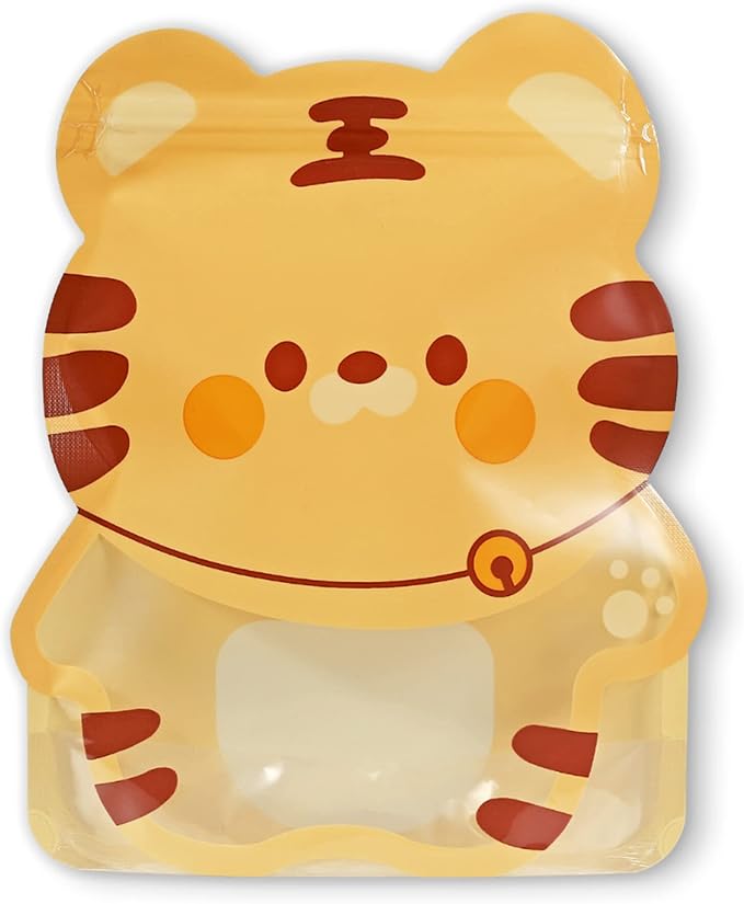 QQ Studio Pack of 100 Goodie Bags with Animal Design Strand Strong Resealable Pouches Perfect for Gift Treats and Favor with Clear Window 7 Inch x 8.75 Inch (Orange Tiger)
