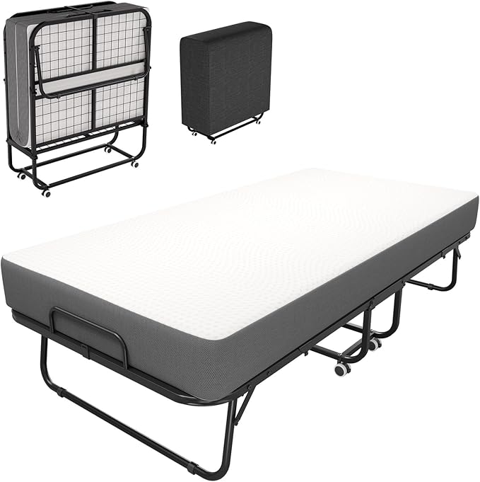 Folding Bed with Mattress for Adults,Roll Away Foldable Bed, Portable Rollaway Bed with 5-inch Memory Foam Mattress & Sturdy Metal Frame, Space-Saving Easy Storage,75"x 31"