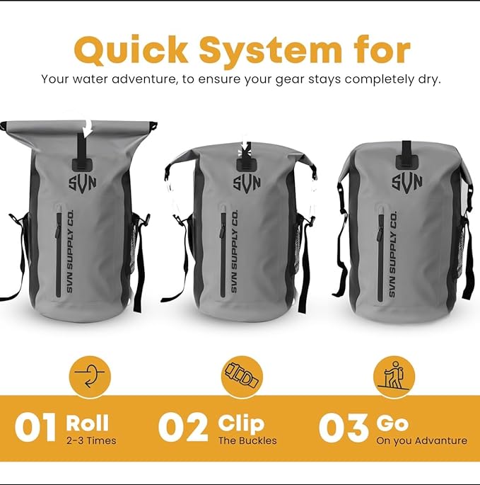SVN Supply Co. Heavy-Duty Waterproof Backpack – Roll-Top Dry Bag for Hiking, Kayaking, Camping & Outdoor Adventures – Padded Shoulder Straps (Grey)