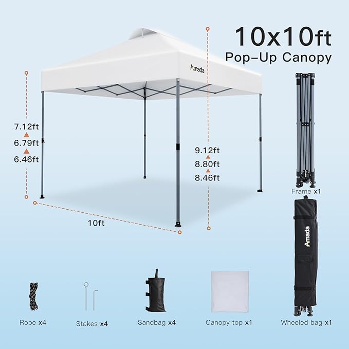Amada 10x10 Pop Up Canopy - Center Lock One Push Instant Setup Gazebo Outdoor Canopy Beach Tent with STO-N-Go Bag 8 Stakes & 4 Sand Bags, 3-Height Adjustable Shade Shelter (10x10ft, White)