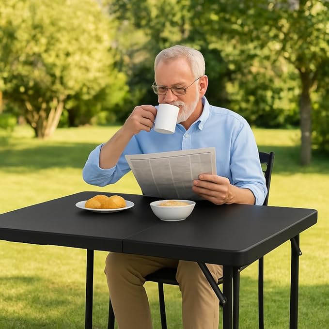 BTEXPERT 34" Bi-Folding Commercial Fold in Half Square Table Heavy Duty Portable Plastic Dining Card Table w Handle for Indoor Outdoor Kitchen Party Wedding Event Black Set of 2