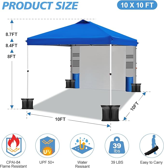 WEIZE 10ft X10ft Pop Up Canopy Tent,One-Button Push Setup,Pop Up Tent with 1 Sidewall and 6 Pockets,Adjustable Height Instant Portable Shelter,4 Weight Bags,Sun Shade for Events & Beach (Blue)