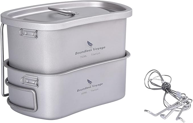 iBasingo Titanium Canteen Mess Kit with Folding Handle Hanging Ring Ultralight Portable for Lunch Outdoor Camping Hiking