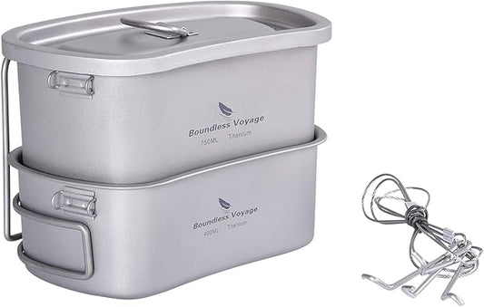 iBasingo Titanium Canteen Mess Kit with Folding Handle Hanging Ring Ultralight Portable for Lunch Outdoor Camping Hiking