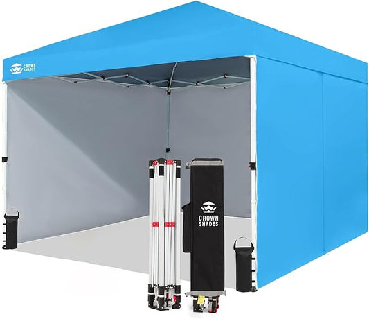CROWN SHADES 10X10 Comercial Instant Canopy Pop Up Tent with Center Lock (10x10 with 4 Sidewalls, Sky Blue)