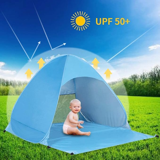 Pop Up Beach Tent –for 2-3 Person UPF 50+ UV Sun Protection Beach Shade Tent Pop Up Sun Shelter with Carry Bag and Stakes for Beach, Park, Camping (Large)