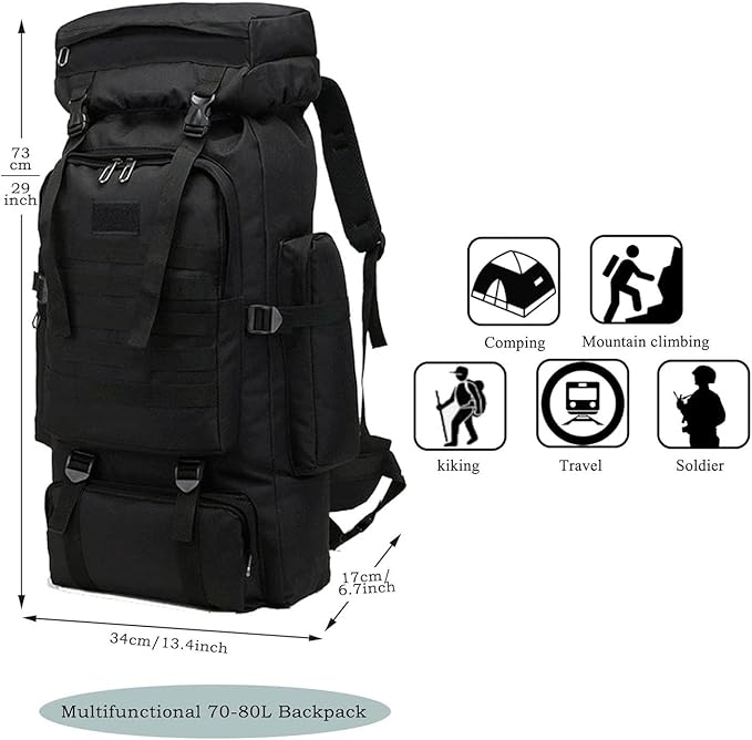 70L Hiking Backpack for Men, Waterproof Lightweight Camping Backpack, Military Rucksack with Molle, 3-Day Assault Pack for Travel, Climbing, Outdoor Sports(Black)