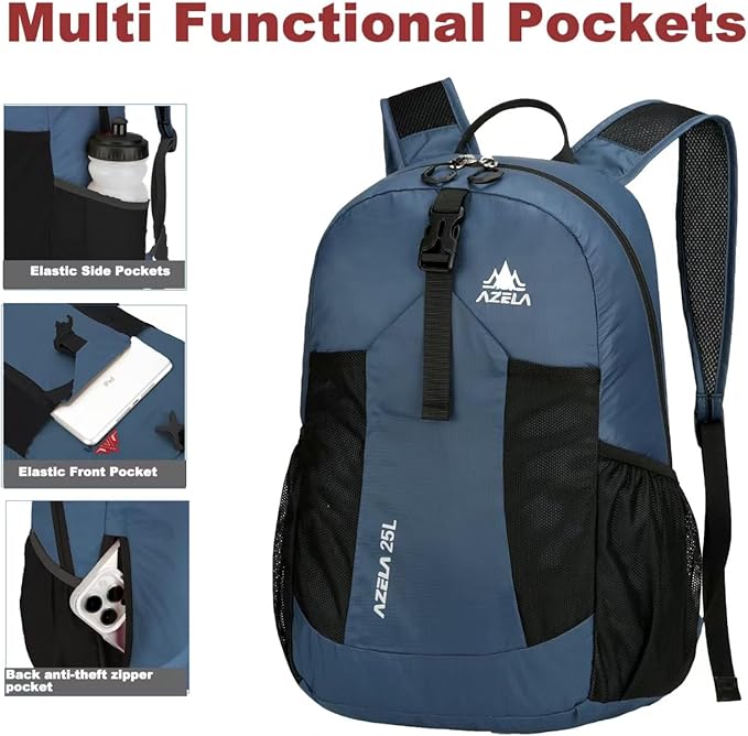 Lightweight Packable Backpack 25L Small Lightweight Backpack for Travel Hiking Daypack Foldable Daypack for Women Men Blue