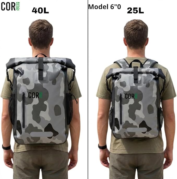 COR Surf Waterproof Backpack with Laptop Sleeve | Heavy Duty Hiking, Kayak Dry Bag Backpack | Roll-Top Closure (40L Camo)