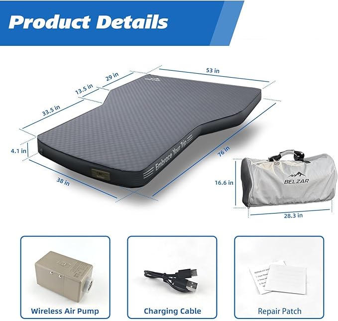 BELZAR Tesla Model Y Mattress with Built-in Cordless Pump, 4" Thick Full Size Memory Foam, Self Inflating Sleeping Pad for Camping, SUV Air Mattress and Road Trips