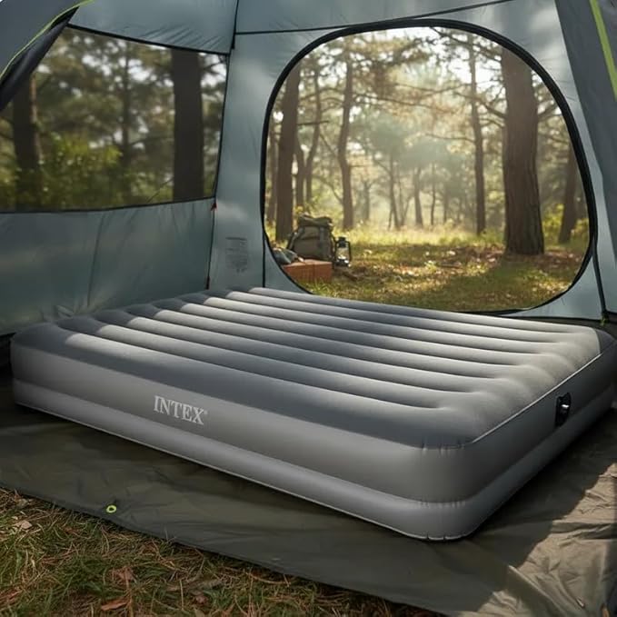Intex 64114E Dura-Beam Standard Prestige Air Mattress: Fiber-Tech – Queen Size – Built-in USB Electric Pump – 12in Bed Height – 600lb Weight Capacity
