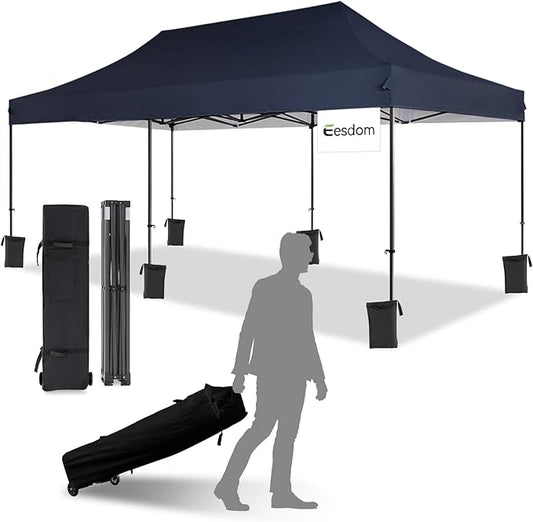 10x20 Pop Up Canopy Tent with Roller Bag, Easy Set Up, Waterproof Commercial Shelter, 6 Stakes & 6Sandbags & 6 Ropes, Silver Coated Top, Navy Blue