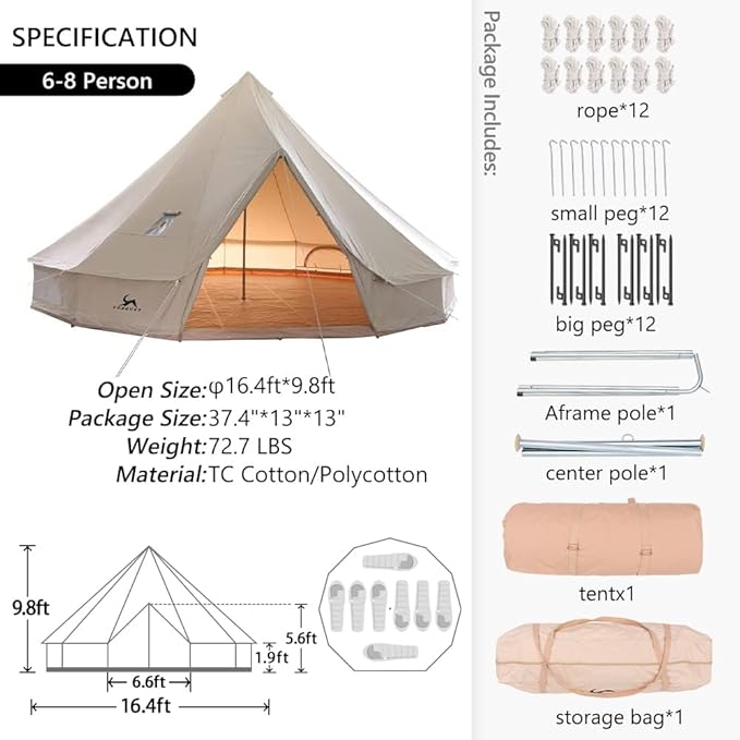 Bell Tent for Camping - Breathable Polycotton Canvas Yurt with Stove Jack, 4-Season Glamping Tent for 2-8 Person, Sturdy Shelter Family Camping & Backyard (10ft/13.1ft/16.4ft)
