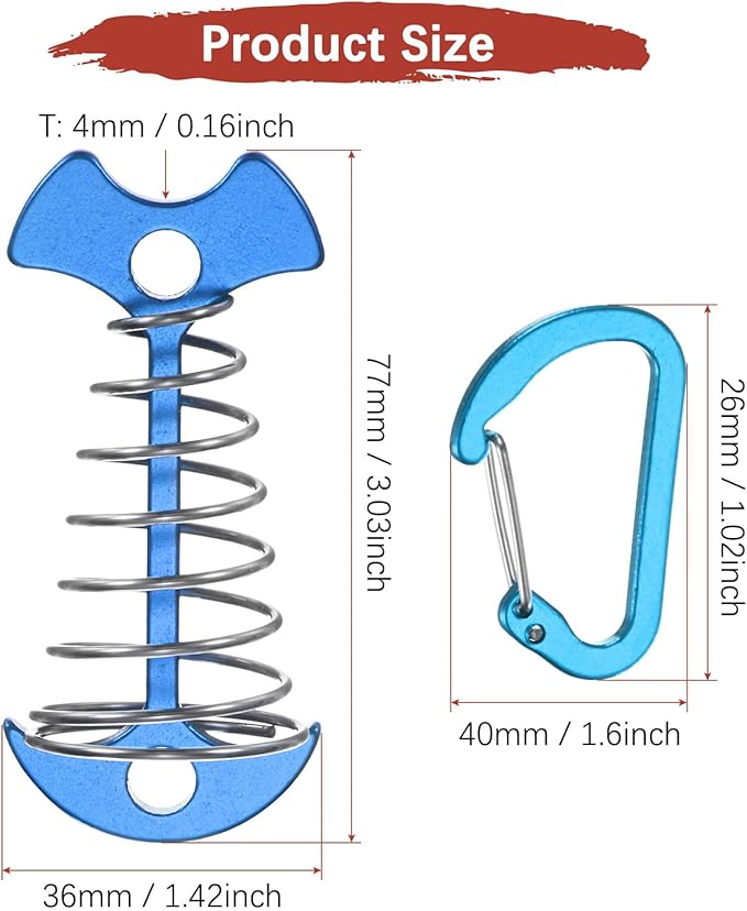 Fishbone Deck Anchor Pegs with Buckles [10PCS] - Aluminium Tent Stakes with Spring Buckle Use for Camping & Hiking - [Blue] Windproof Tie Down Tent Stakes