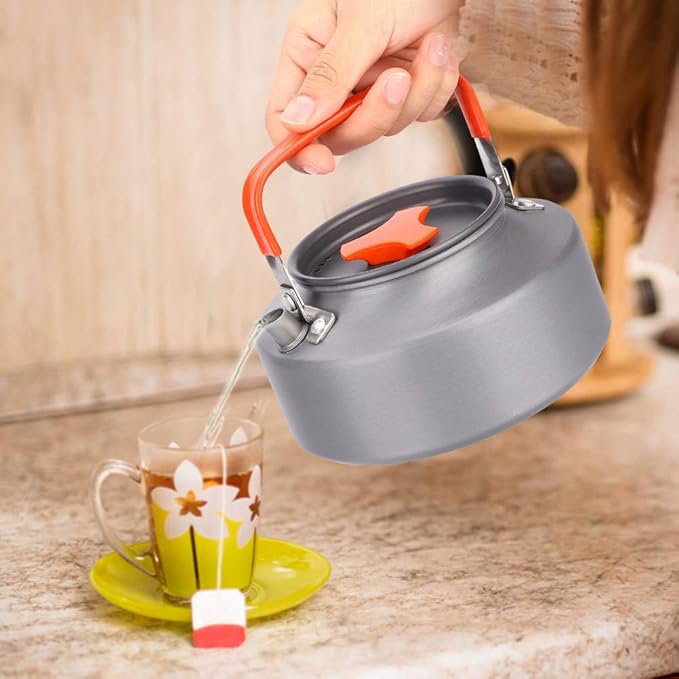 Aluminum Teapot 37oz, Coffee and Tea Kettle with Folding Handle, Portable Pot for Camping, Hiking and Kitchen Use, Black Handle (Orange handle)