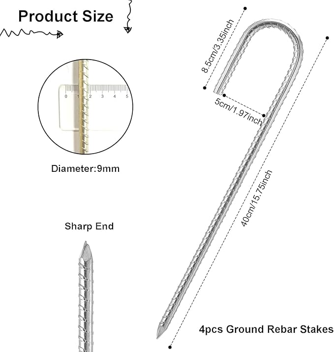 Rebar Stakes 16 Inch, Heavy Duty Galvanised Steel Rebar Ground Stakes, Fence Anchors, Ground Stakes with Hook, Ground Blind Stakes for Marquees, Gazebos, Tents, Trampolines, Camping