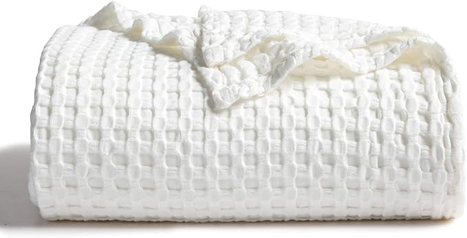 Bedsure Cooling Cotton Waffle Weave Throw Blanket - Lightweight Breathable Blanket of Rayon Derived from Bamboo for Hot Sleepers, Luxury Throws for Bed, Couch and Sofa, Ivory, 50x70 Inches