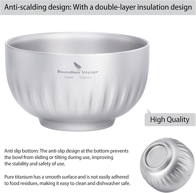 iBasingo 350ml Titanium Camping Bowl Double Wall Insulated Soup Bowl Ultralight Durable Portable Oatmeal, Rice, Food Tableware for Outdoor Backpacking, Hiking, Travel Ti1164T