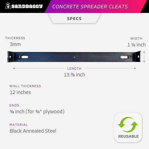 Sandbaggy 12" x 3/4" Concrete Spreader Cleats - 3/4" Plywood - Form Clips - Black Annealed Steel - Maintains Consistent 12 inch Wall Thickness (12" Walls, 3/4" Ends, 10, Count)