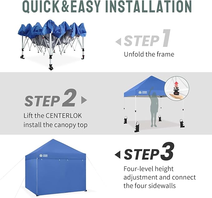 CROWN SHADES Pop Up Canopy Tent, 8x8 Commercial Canopy Tent with 4 Sidewalls, 4" Wheels, 4 Upgraded Weights, Patented Centerlock, 400D Fabric, Sto'N Go Bag, Blue