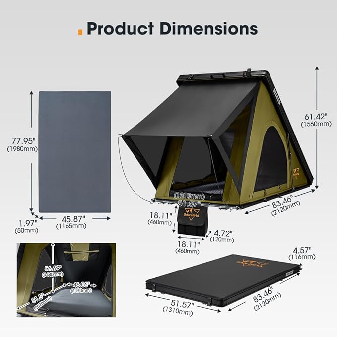 Sanhima Rooftop Tent Hard Shell - Hotham Lite Overland Aluminium Roof Top Tent 4.56" Slimline, w/Tri-Color LED Strip Light & 1.97” Thick Mattress, for Car SUV Truck Camping, 2-3 People