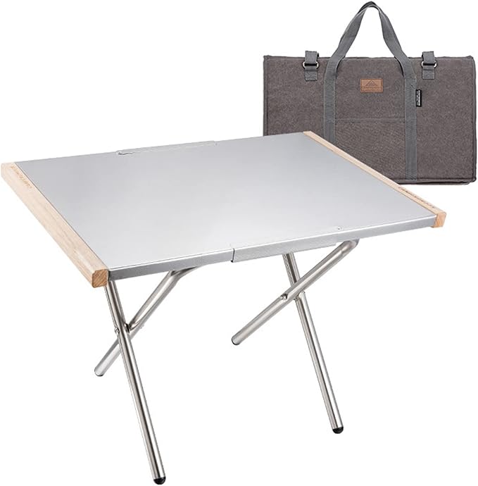 CAMPINGMOON Camping Side Table Heat-Resisting Stainless Steel Embossing Process for Outdoor Table Top Grill with Carrying Bag T-370