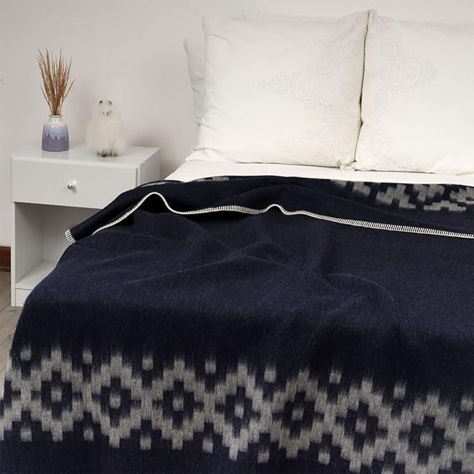 Thick Alpaca Wool Blanket Heavyweight Camping Outdoors Indoors Soft Peru Twin Size Ethnic Design (Navy Blue - Soft Gray Design, Twin Size)